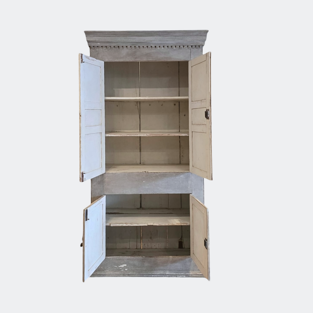 Antique Rustic Pine Cupboard in French Grey – Two-Door Cabinet