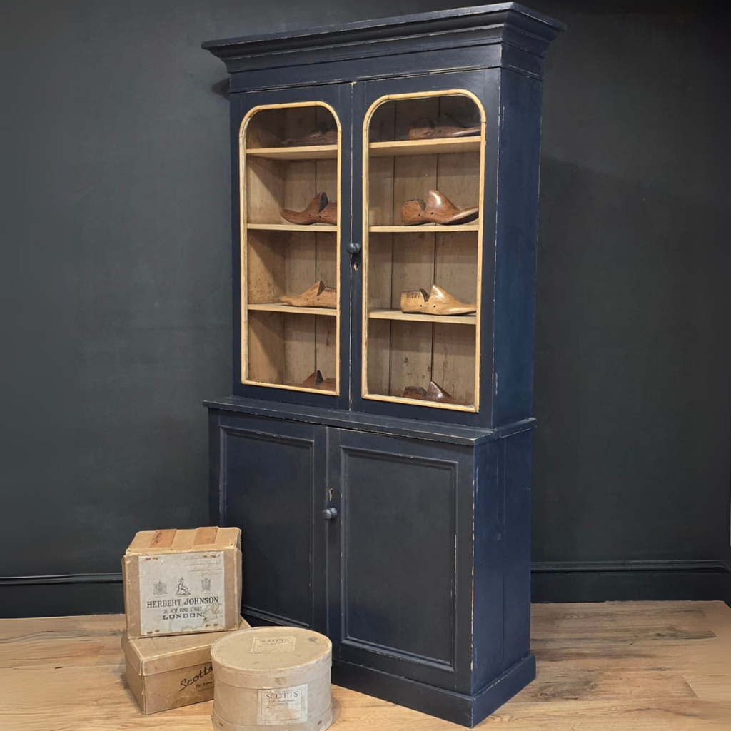 French Antique Painted Black Pine Glazed Display Cupboard