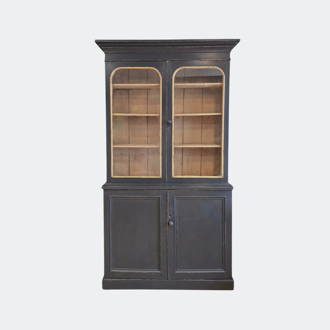 Antique Painted Black Pine Glazed Display Cupboard