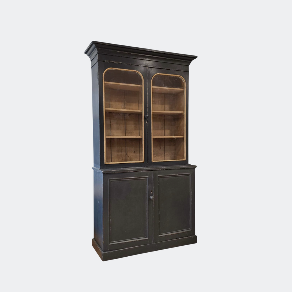 French Antique Painted Black Pine Glazed Display Cupboard