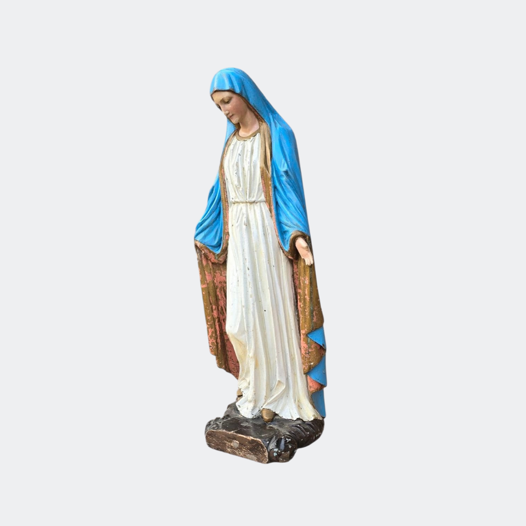 Antique Hand-Painted Madonna Statue with French Church Pedestal, circa 1890s