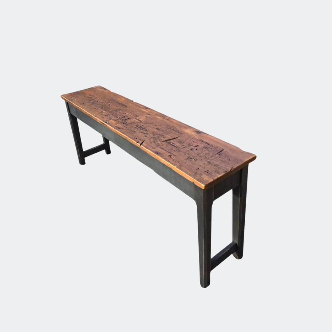 Antique Salvaged Console Table With Carved Workers Marks