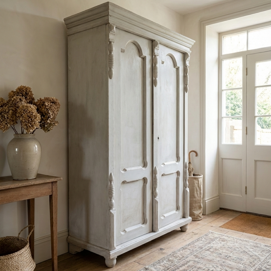 Antique French-Style Wardrobe - Elegant Greige Armoire