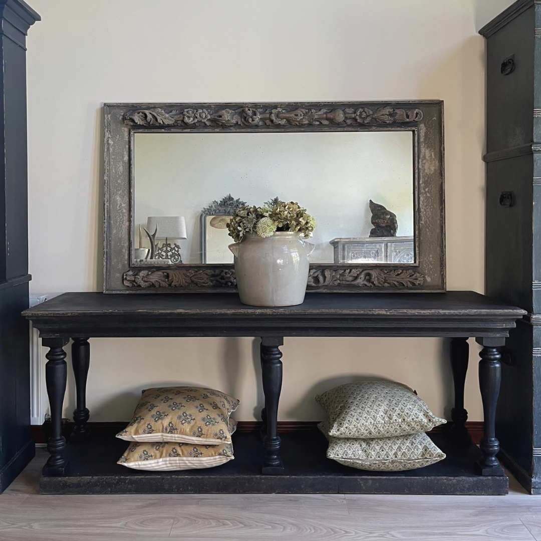 Black Distressed Console Table with Turned Legs