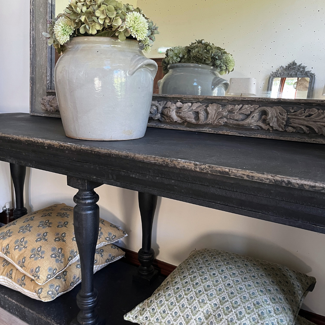 Black Distressed Console Table with Turned Legs