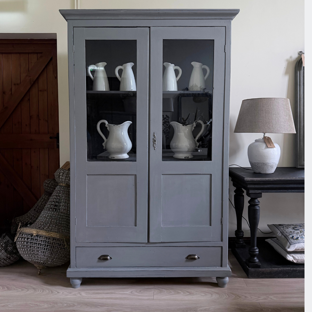 Vintage Grey Display Cabinet with Glass Doors