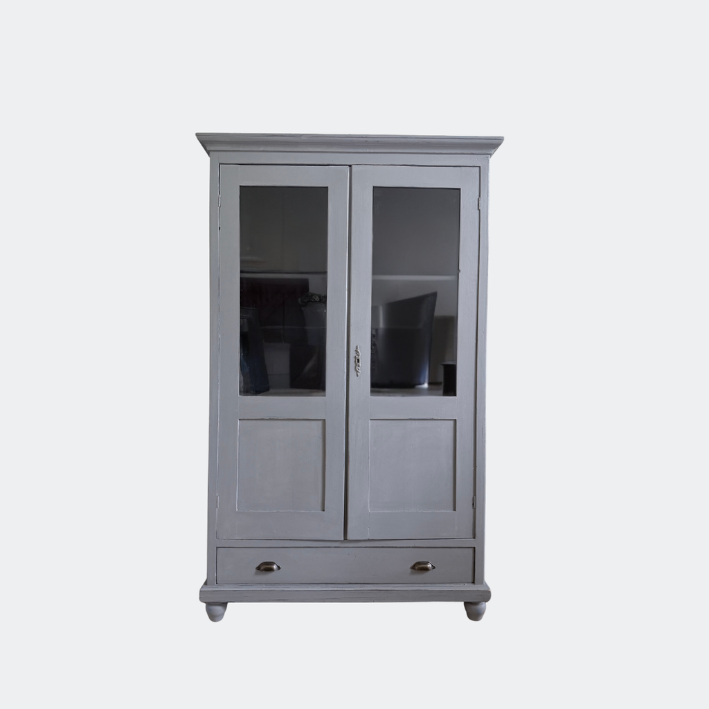 Vintage Grey Display Cabinet with Glass Doors