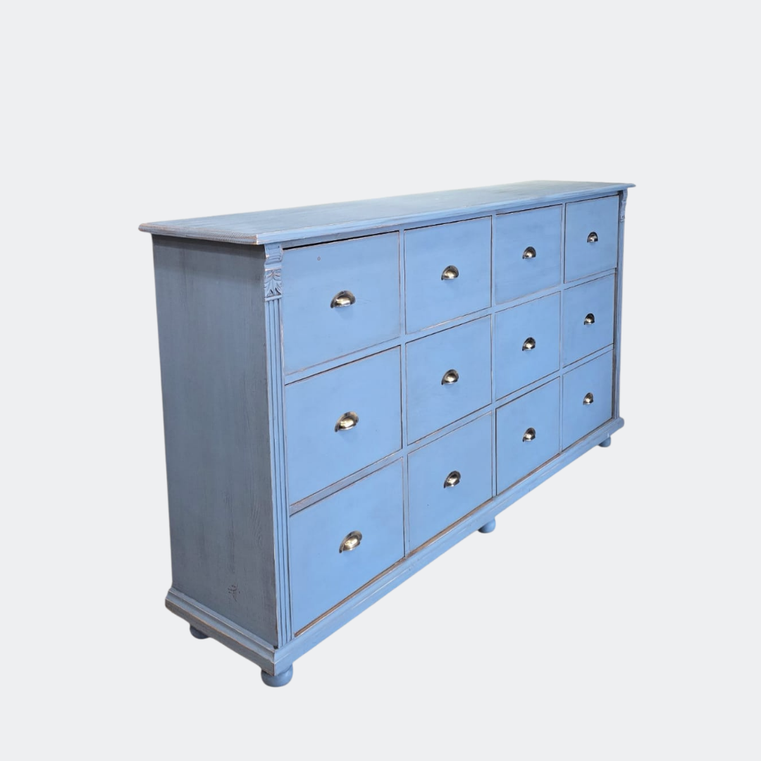 Distressed Blue Wood Chest of Drawers | 12-Drawer Farmhouse Storage Unit