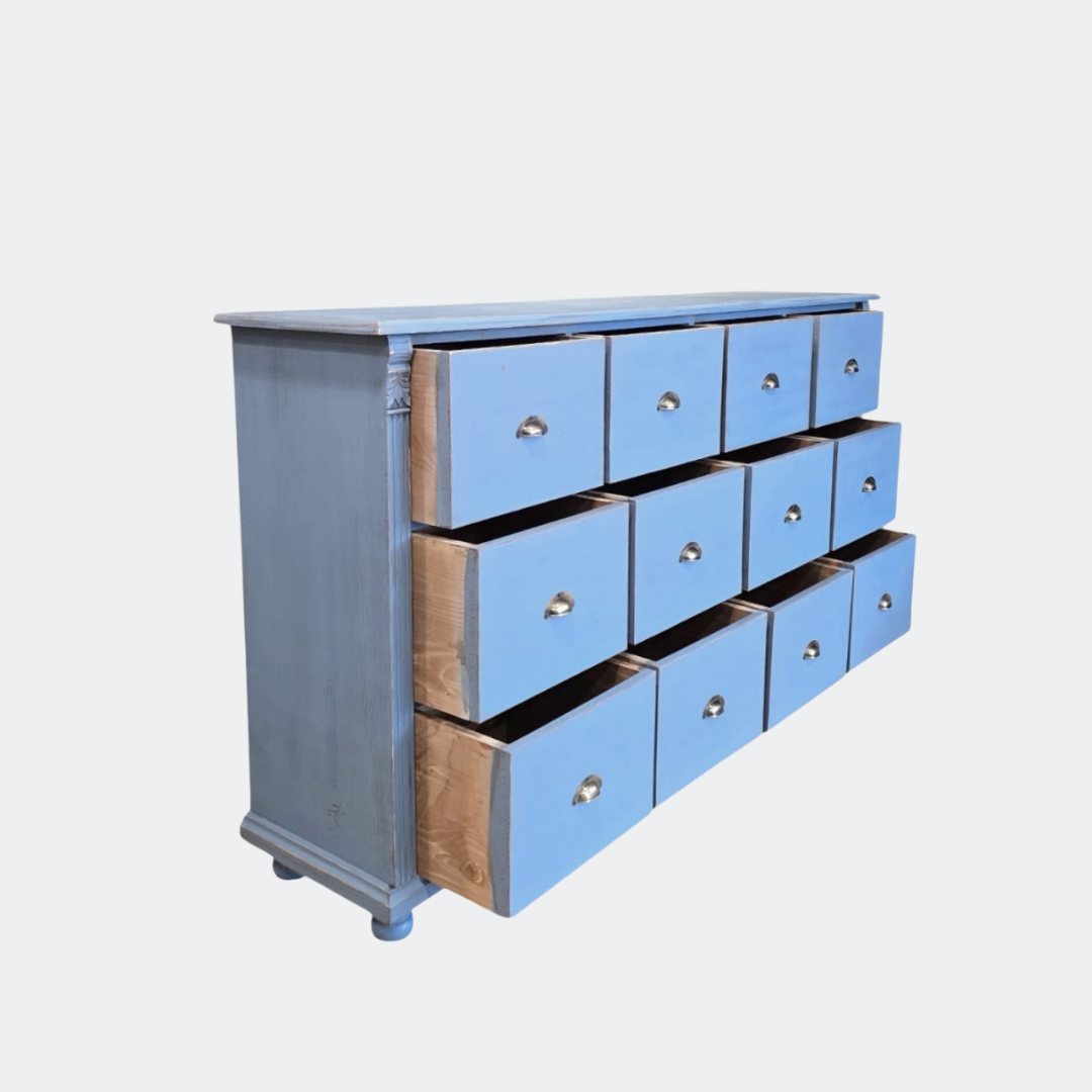Distressed Blue Wood Chest of Drawers | 12-Drawer Farmhouse Storage Unit