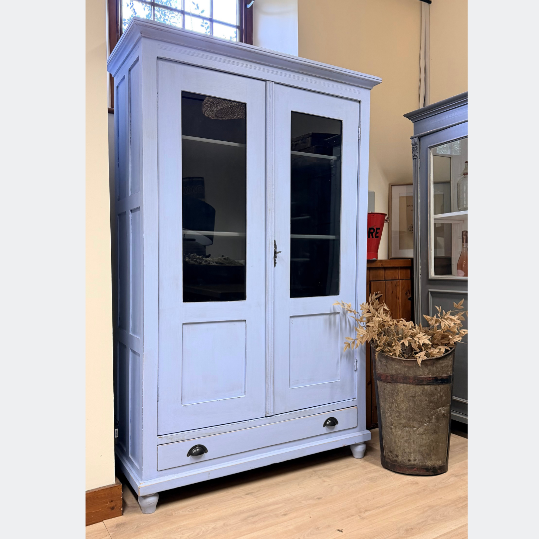 Vintage Blue Display Cabinet with Glass Doors