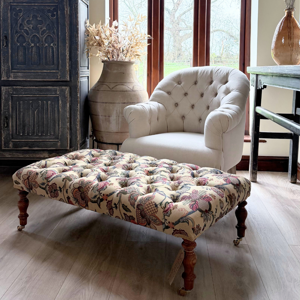 Handmade Jacobean Floral Footstool - English Buttoned Ottoman