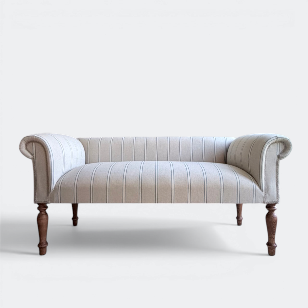 Oxford Duck Blue Striped Sofa Bench with Scroll Arms - Handmade in England