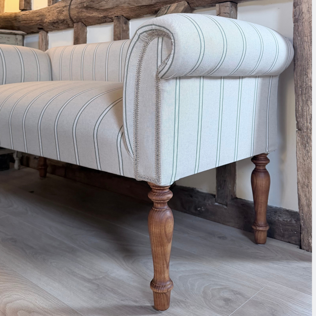 Oxford Green Striped Sofa Bench with Scroll Arms - Handmade in England