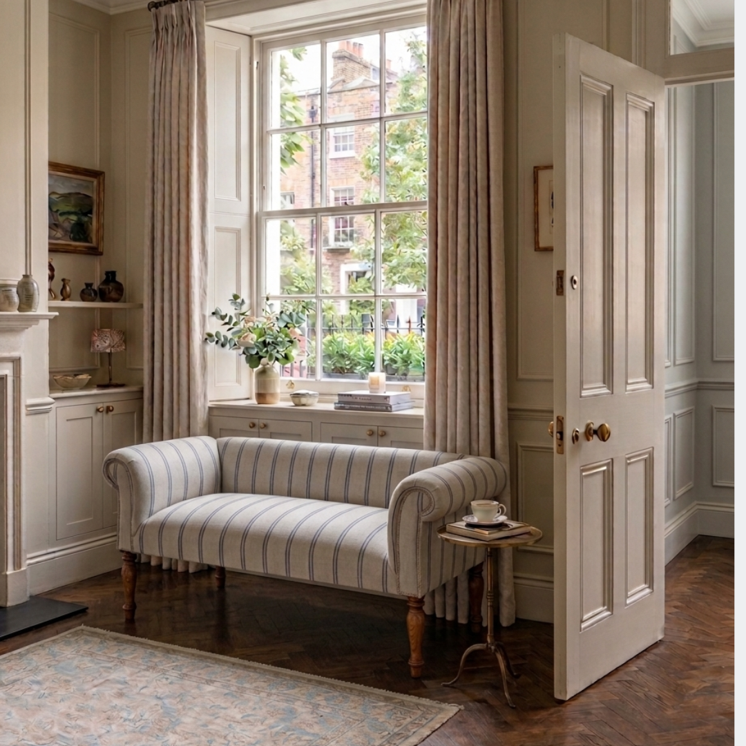 Oxford Duck Blue Striped Sofa Bench with Scroll Arms - Handmade in England
