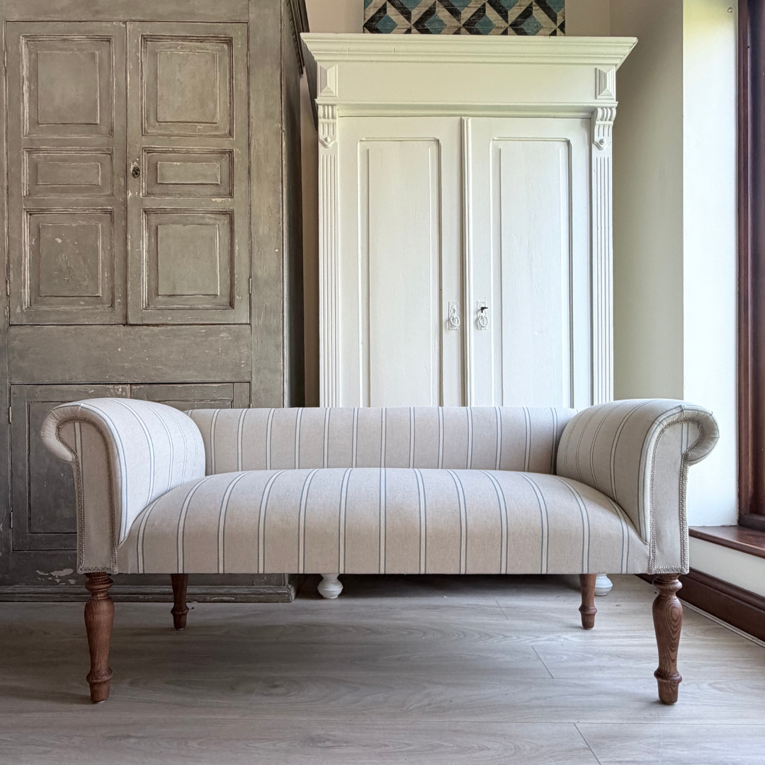 Oxford Duck Blue Striped Sofa Bench with Scroll Arms - Handmade in England