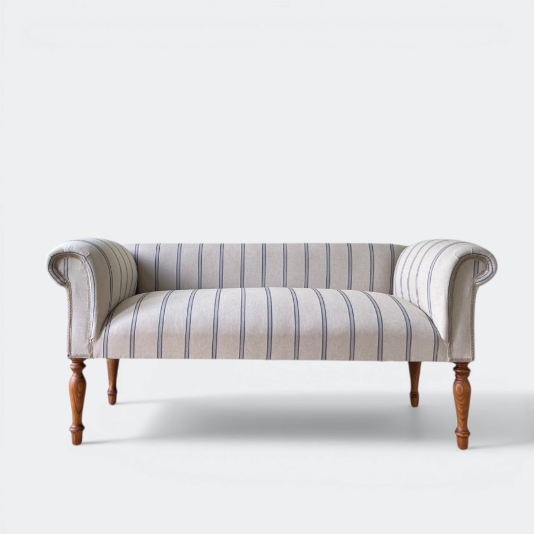 Oxford Blue Striped Sofa Bench with Scroll Arms — Handmade in England