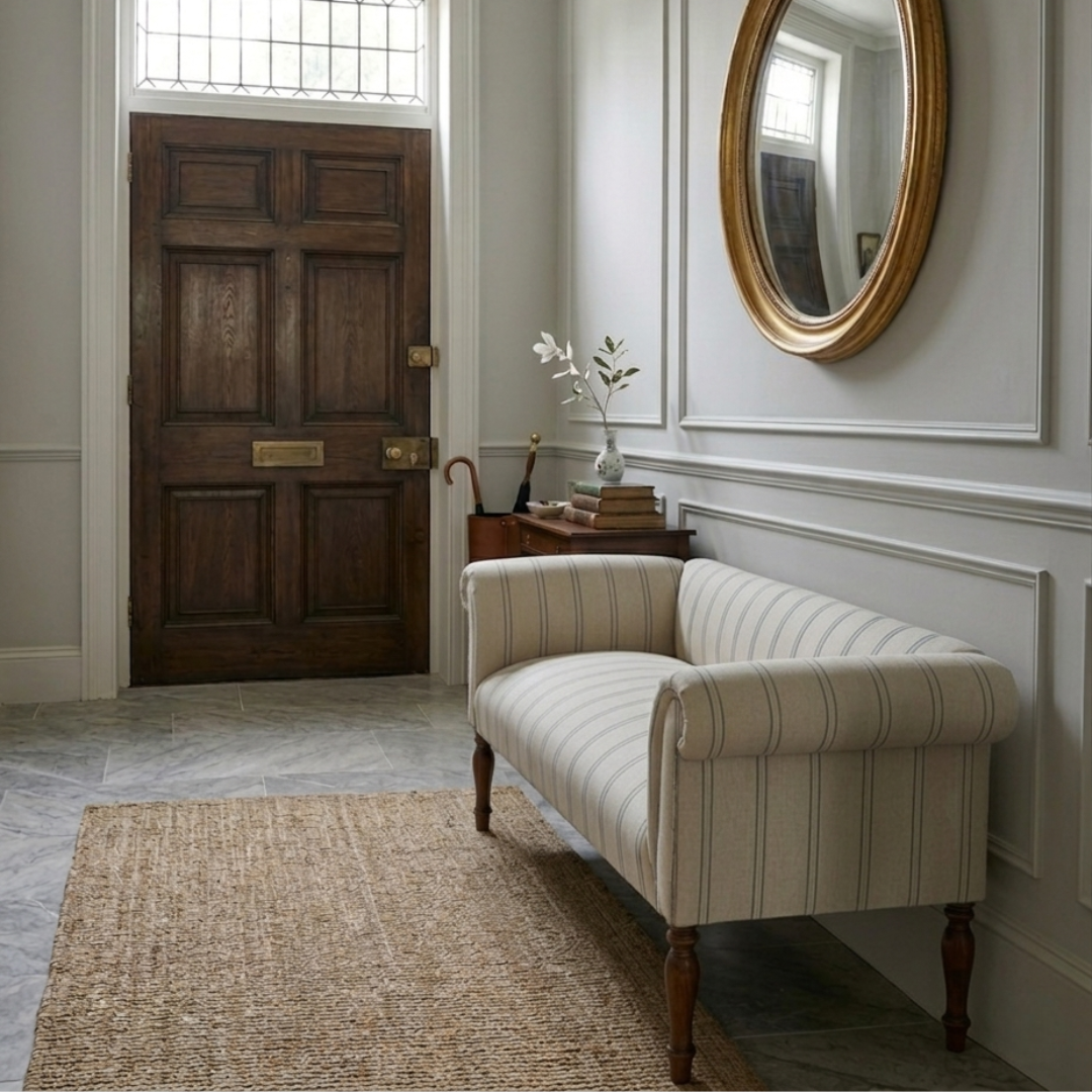 Oxford Green Striped Sofa Bench with Scroll Arms - Handmade in England