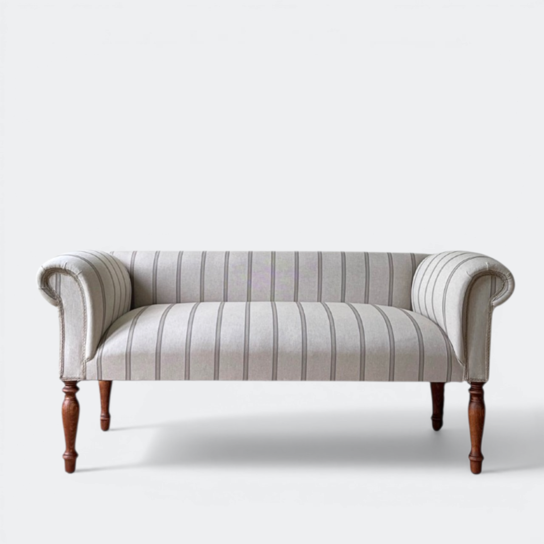 Oxford Grey Striped Sofa Bench with Scroll Arms - Handmade in England