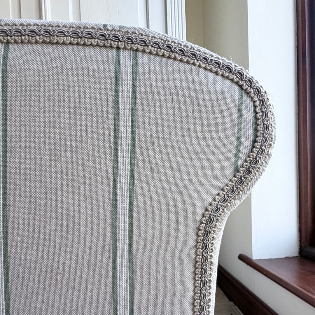 Oxford Green Striped Sofa Bench with Scroll Arms - Handmade in England