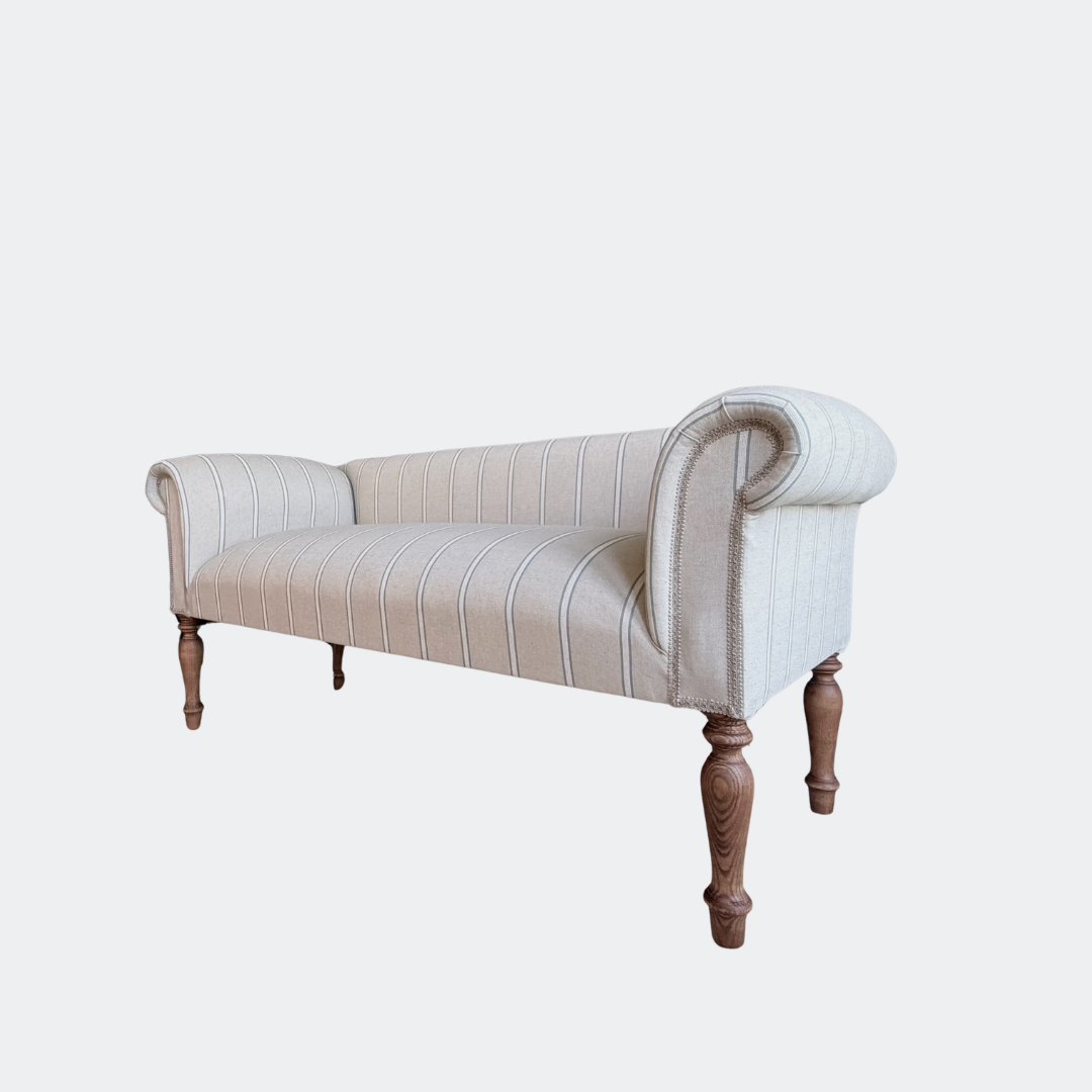 Oxford Duck Blue Striped Sofa Bench with Scroll Arms - Handmade in England