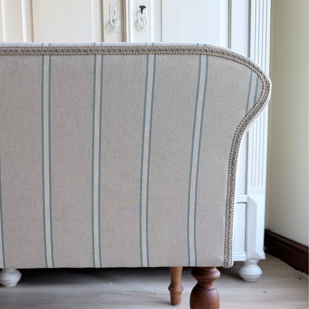 Oxford Duck Blue Striped Sofa Bench with Scroll Arms - Handmade in England