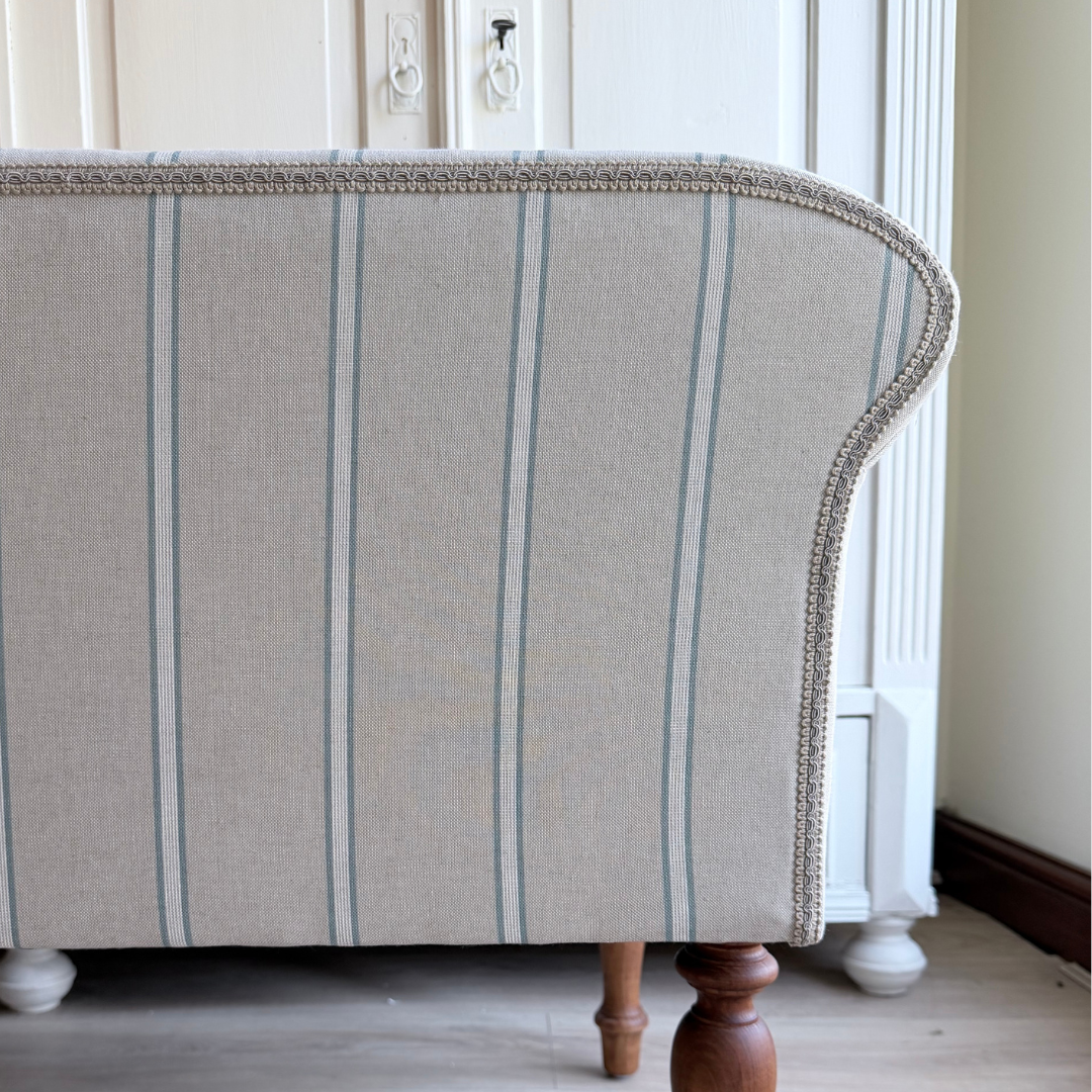 Oxford Duck Blue Striped Sofa Bench with Scroll Arms - Handmade in England