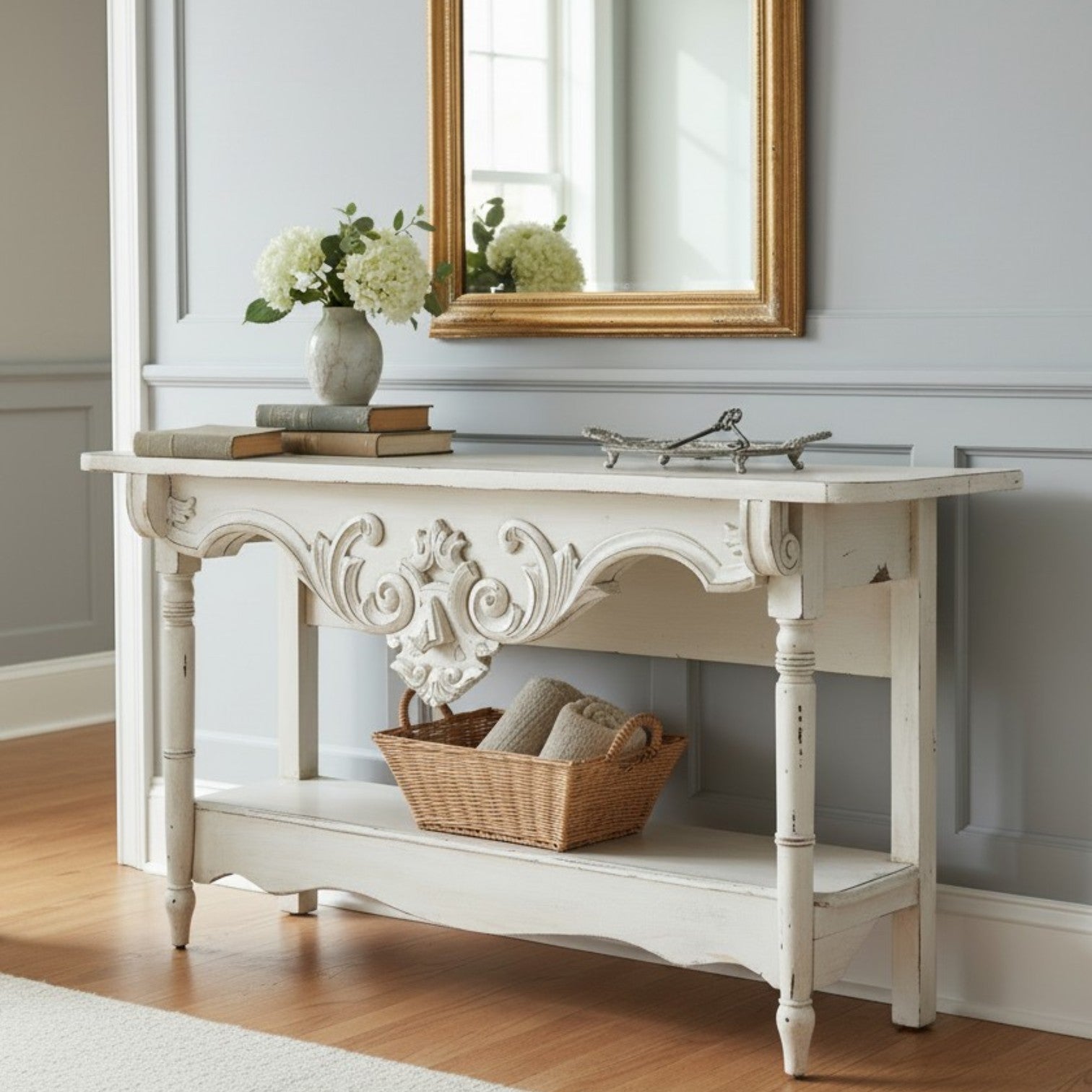 Vintage French Style Console Table | Reclaimed Armoire Wood & Antique Moulding