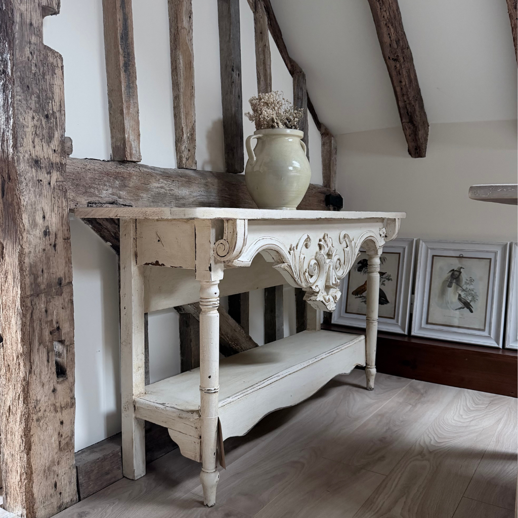 Vintage French Style Console Table | Reclaimed Armoire Wood & Antique Moulding