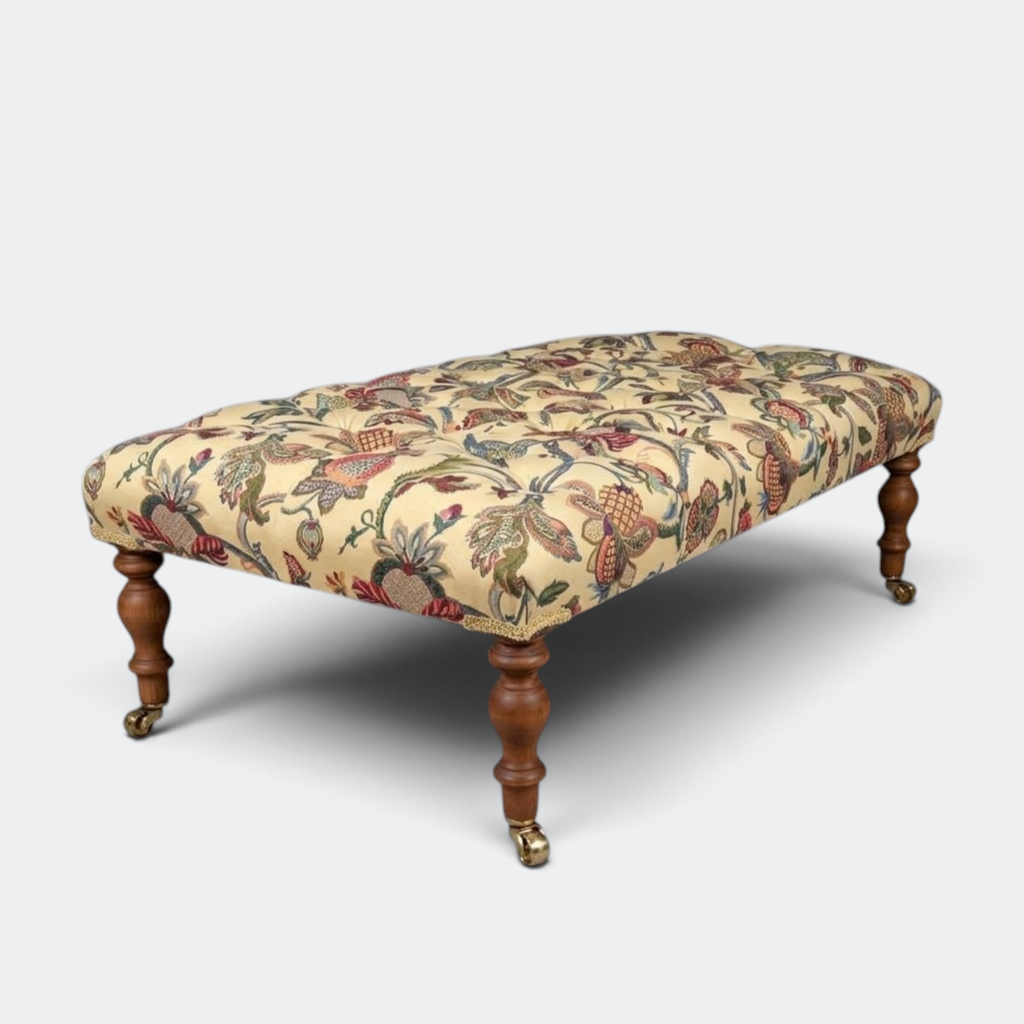 Jacobean Floral Footstool - Buttoned Ottoman