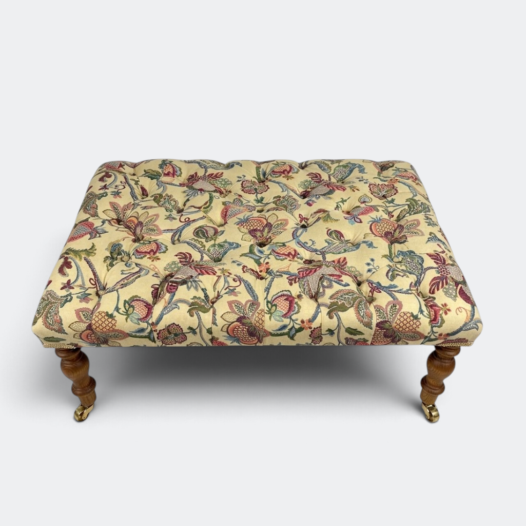 Jacobean Floral Footstool - Buttoned Ottoman
