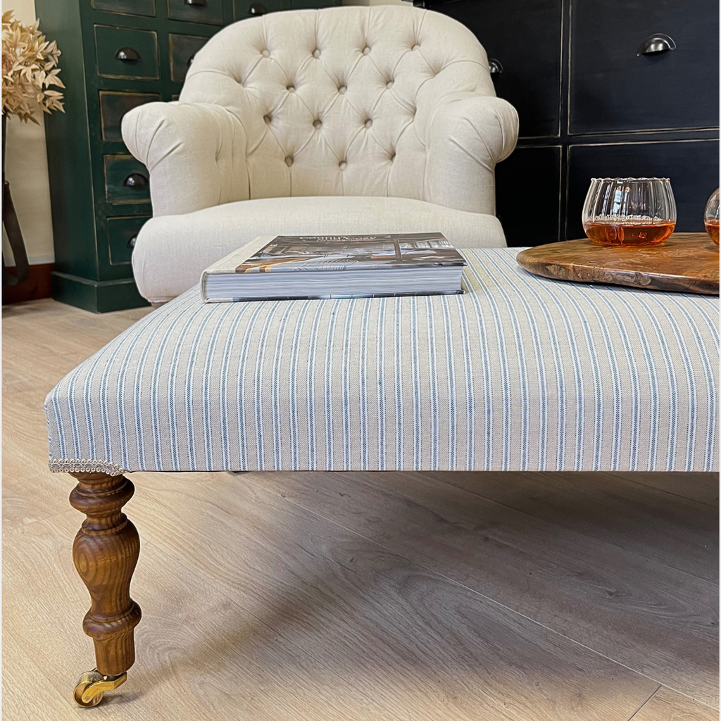 Classic Blue Striped Footstool with Castors | Handmade UK Ottoman