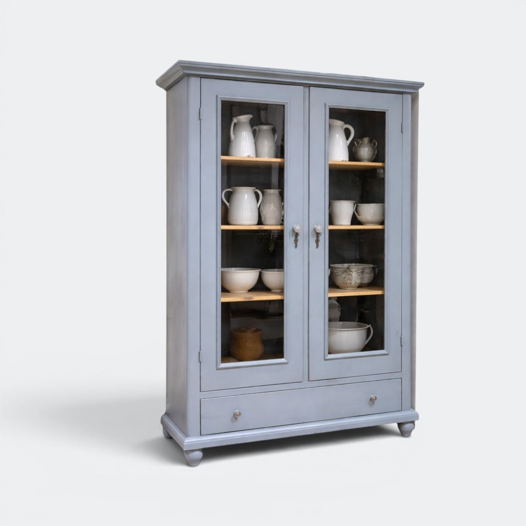 Vintage reclaimed pine glazed cupboard in muted grey, two tall glazed doors with narrow mullions, traditional joinery, This Country Home Surrey