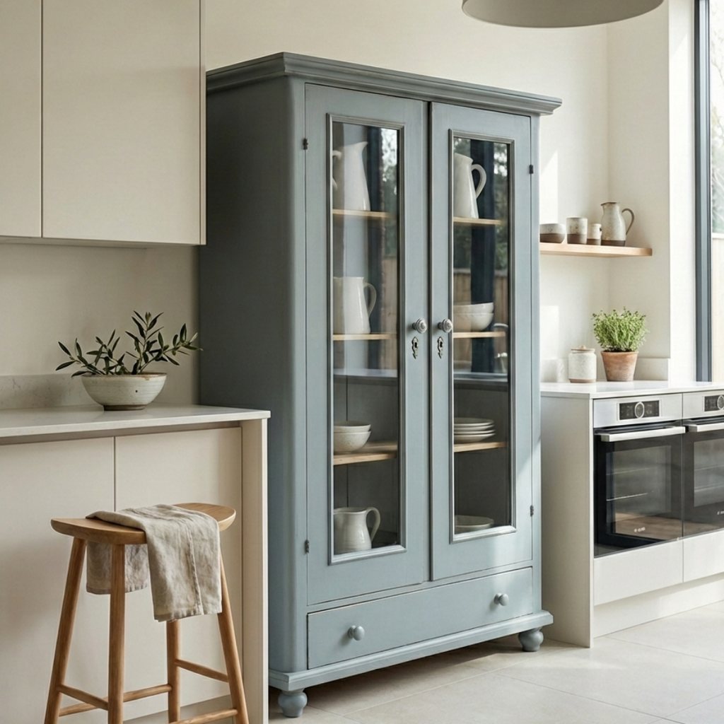 Heirloom-quality vintage grey glazed cupboard in English country kitchen interior, solid reclaimed pine storage, This Country Home Ockley Surrey