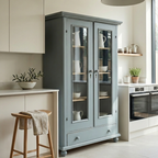 Heirloom-quality vintage grey glazed cupboard in English country kitchen interior, solid reclaimed pine storage, This Country Home Ockley Surrey