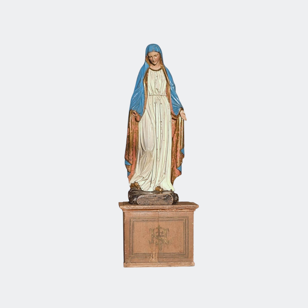 Antique Hand-Painted Madonna Statue with French Church Pedestal, circa 1890s