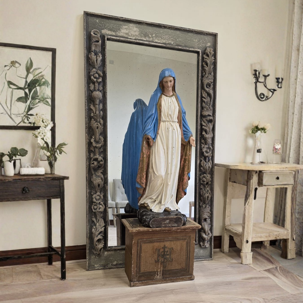 Antique Hand-Painted Madonna Statue with French Church Pedestal, circa 1890s