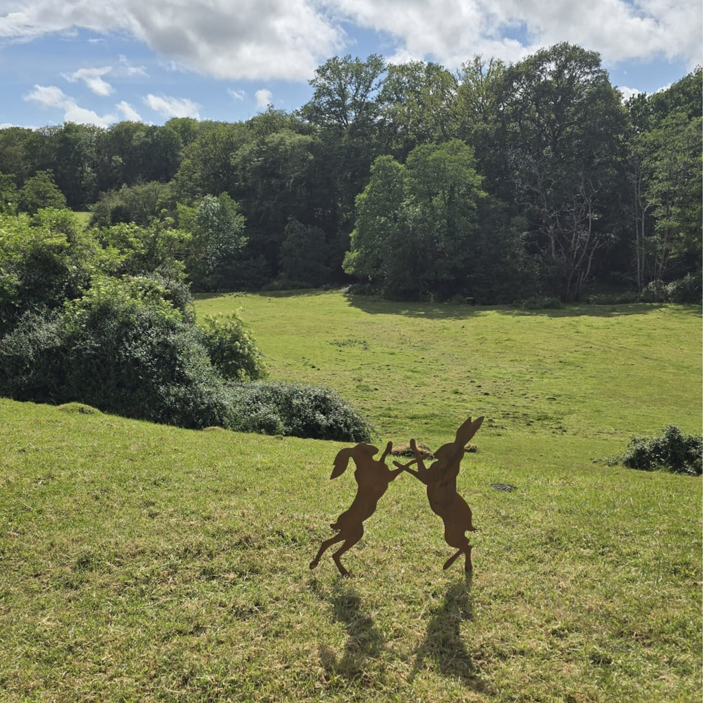 Boxing Hares Metal Garden Sculpture — Pair