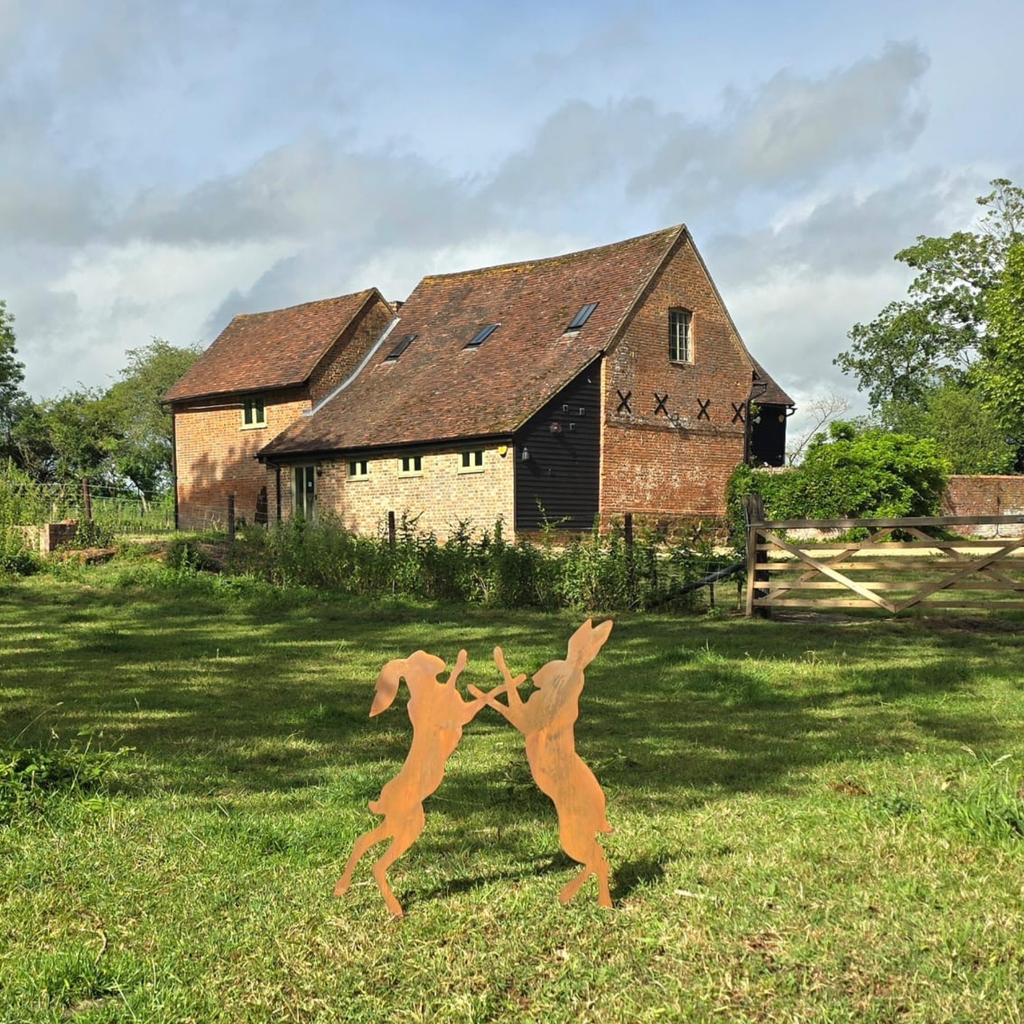 Boxing Hares Metal Garden Sculpture — Pair