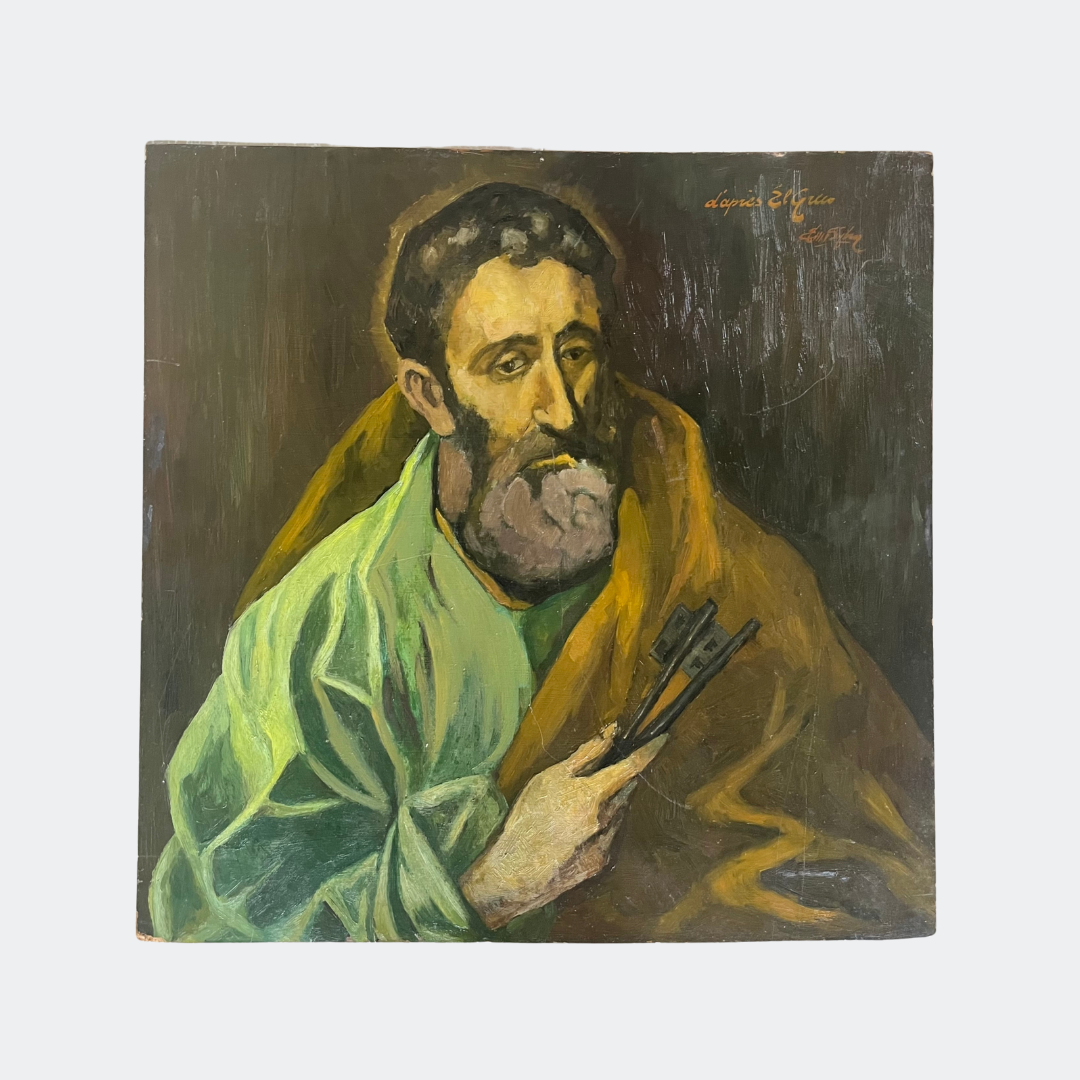 Antique Religious Oil Painting - Bearded Man | Original Canvas Art