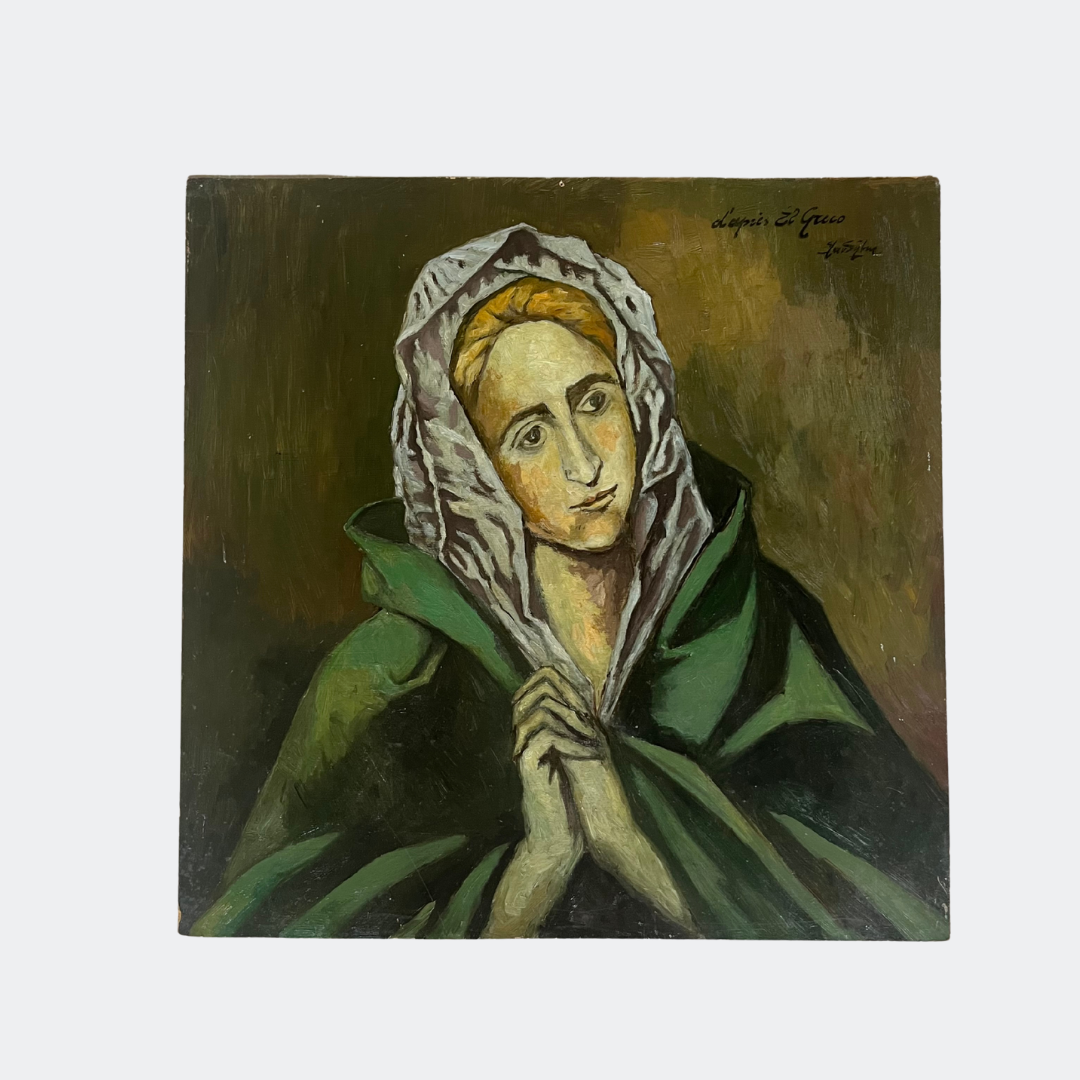 Antique Religious Oil Painting - Praying Woman | Original Canvas Art