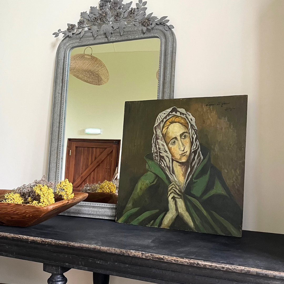 Antique Religious Oil Painting - Praying Woman | Original Canvas Art