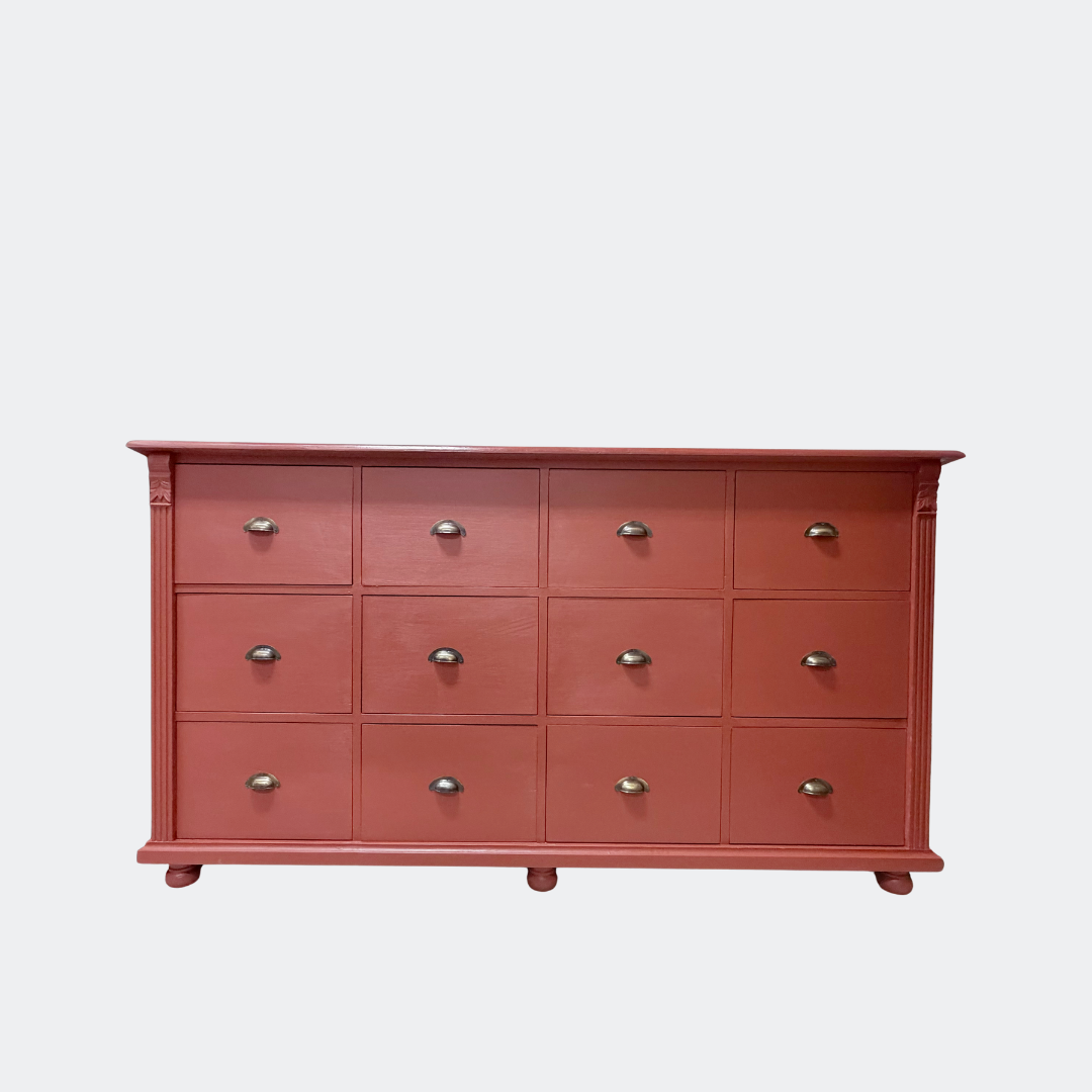 Red Solid Wood Chest of Drawers | 12-Drawer Farmhouse Storage Unit