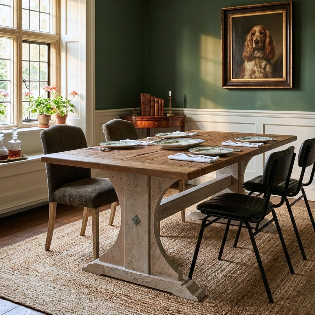 Handmade reclaimed pine dining table with hand-carved pedestal base and 4cm thick solid antique wood top.