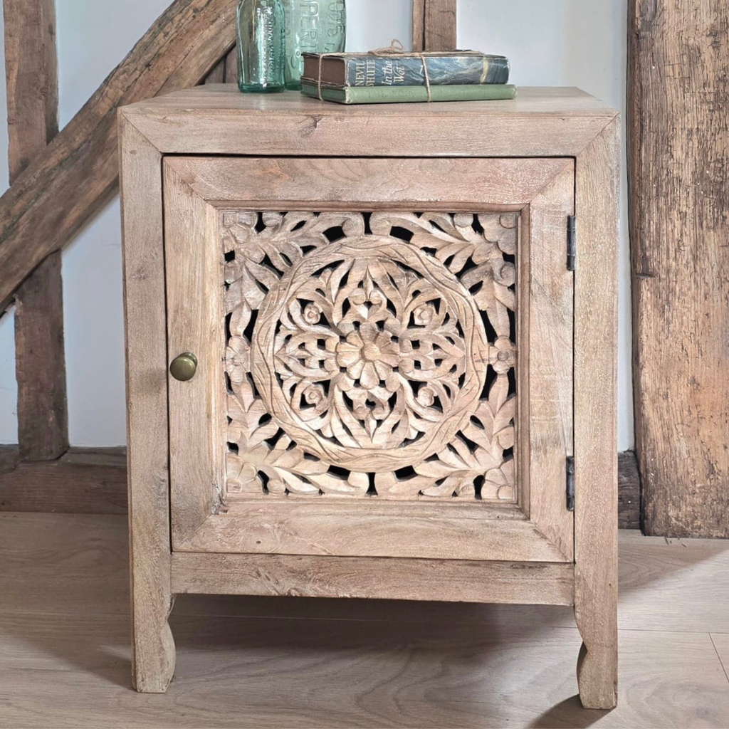 Carved Floral Bedside Cabinet