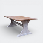 Farmhouse reclaimed pine dining table with hand-carved pedestal base and 4cm thick solid antique wood top.