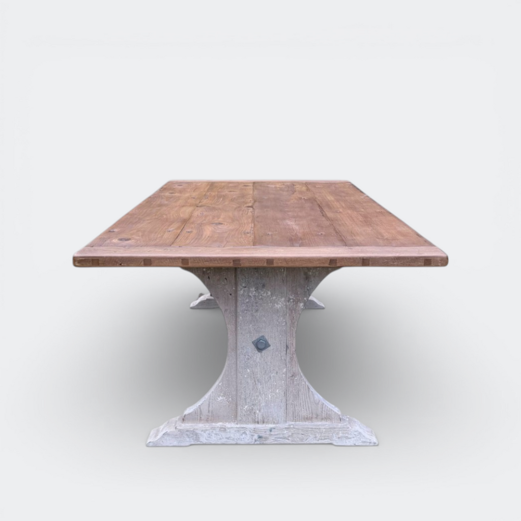 Handmade reclaimed pine dining table with hand-carved pedestal base and 4cm thick solid antique wood top.
