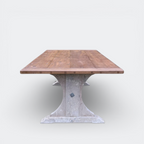 Handmade reclaimed pine dining table with hand-carved pedestal base and 4cm thick solid antique wood top.