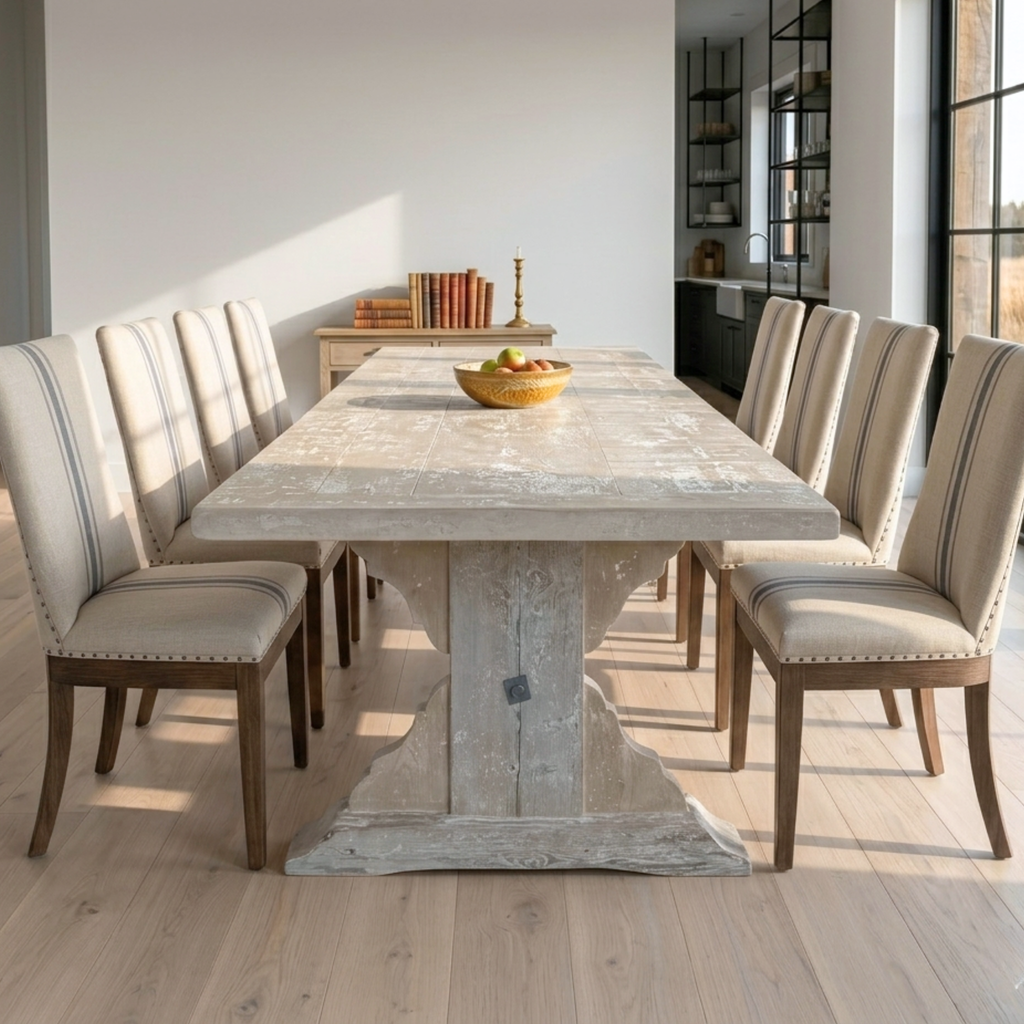 Cotswold reclaimed pine dining table with hand-carved gothic pedestal base and 5cm thick solid wood top.