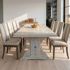 Cotswold reclaimed pine dining table with hand-carved gothic pedestal base and 5cm thick solid wood top.