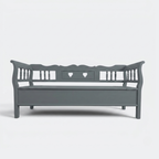Two-metre handmade Dutch settle bench with hidden storage in distressed grey solid pine, spindle sides and heart cut-outs, This Country Home Surrey